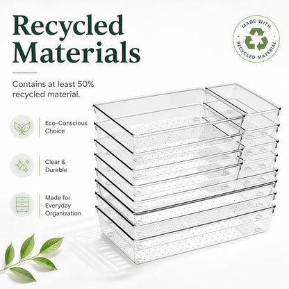 12 Pack Large Drawer Organizer Bins - Clear Plastic Bathroom Drawer Organizer Trays - Heavy Duty Kitchen Drawer Dividers for Utensils - Non-Slip Storage Bins for Makeup, Bedroom, Office Desk