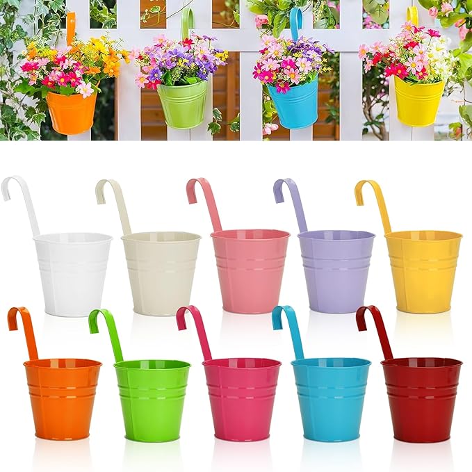 KINGLAKE Flower Pots,10 Pcs Metal Iron Hanging Flower Plant Pot Balcony Garden Plant Planter Baskets Fence Bucket Pots 6.3'' Flower Holders with Detachable Hook