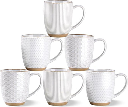 GBhome Large Coffee Mugs Set of 6, 16oz Handmade Embossed Coffee Mugs Set with Large Handle for Cappuccino/Latte/Tea/Hot Cocoa, Dishwasher & Microwave Safe, Off White