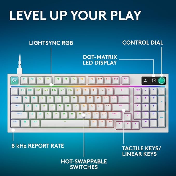 Logitech G316 X 98 MechanicalGaming Keyboard (Tactile) - White | Hot-Swappable Tactile Mechanical Switches, Gasket Design, PBT Keycaps, <8Khz, LIGHTSYNC RGB, Dot-Matxix LED Display, USB-C