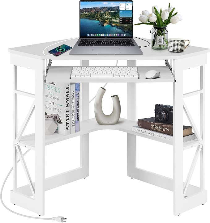 VECELO Corner Desk, Triangle Computer Desk for Small Space with Charging Station and Keyboard Tray, Corner Makeup Table with Storage Shelves for Home Office Bedroom, 41x30, White