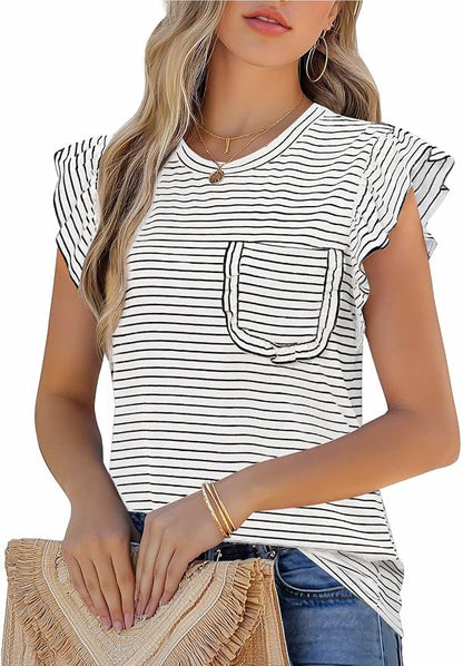 JUSTFASHIONNOW Womens Summer Tops Striped T-Shirts 2026 Ruffle Short Sleeve Crew Neck Casual Blouses with Pocket