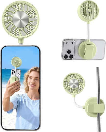 Magnetic Phone Fan with Ice Cooling, 3-in-1 Clip on Fan & Phone Stand, Rechargeable Mini Handheld Fan, 360° Flexible Gooseneck Portable Fan for Cruise Travel Desk Gym Makeup（Green）