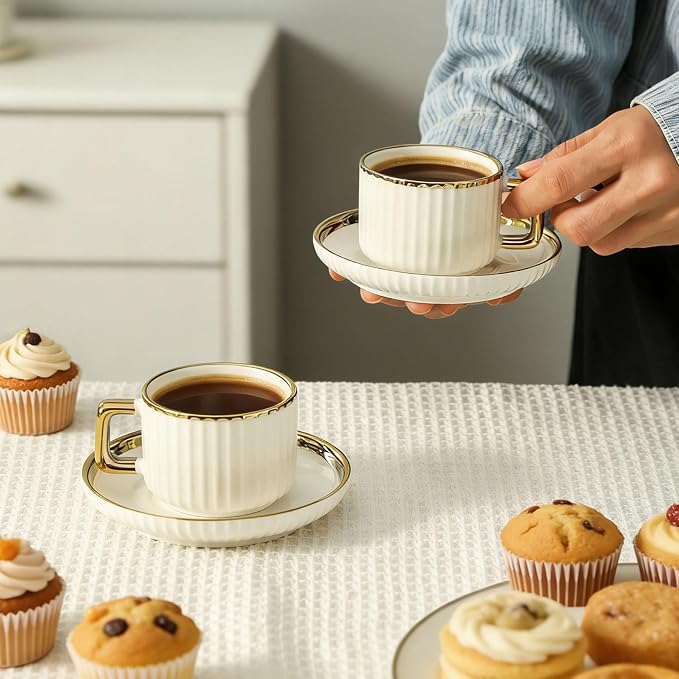 LETAOTAO Espresso Cups Set of 4, 3oz Espresso Cups and Saucers | Ceramic Coffee Cups with Gold Trim, Stackable Mini Demitasse Mugs for Espresso, Cappuccino,Latte, Americano and Tea