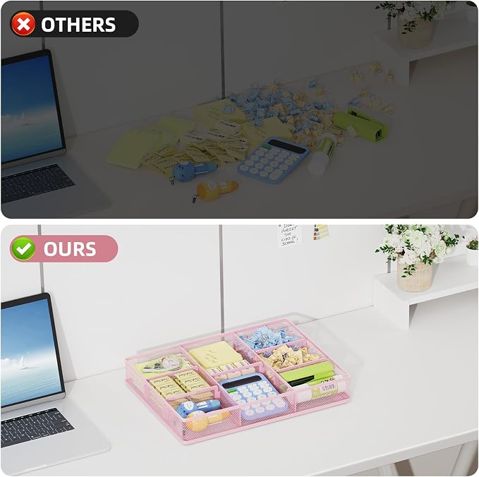Marbrasse 2P Pink Desk Drawer Organizer, Metal Mesh Drawer Organizer Tray with 5 Adjustable Compartments,Desk Organizers and Accessories for Home,Office,Kitchen,Makeup,Vanity (Pink)