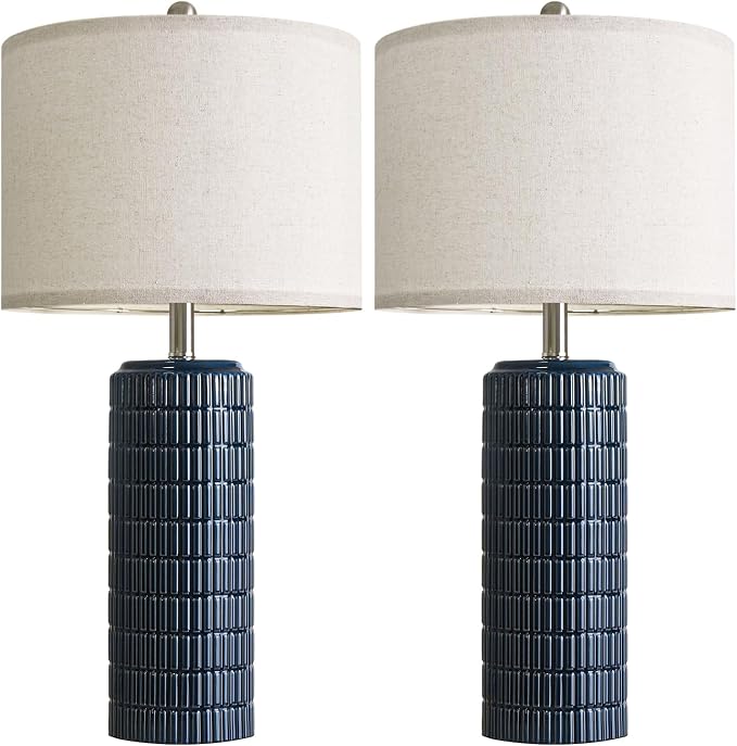 PoKat 27.5'' Tall Table Lamps for Living Room Set of 2, Ceramic Bedroom Lamps for Night Stands, Modern Bedside Lamps for Bedroom Living Room, Nightstand Lamps for Side End Table Hallway, Blue