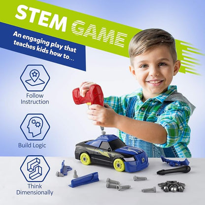 Coogam Take Apart Racing Car with Electric Screwdriver Tool, Fine Motor Skill Toy Car Construction Set STEM Building Learning Game with Light and Sound Gifts for Year Old Boys and Girls