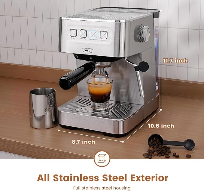 Gevi 20 Bar Espresso Machine, Programmable Coffee Maker with Milk Frother | Budget under$100; Removable Water Tank; Produce Good Crema; Include Necessary Accessories; Can Make Americanos; Easy to Clean