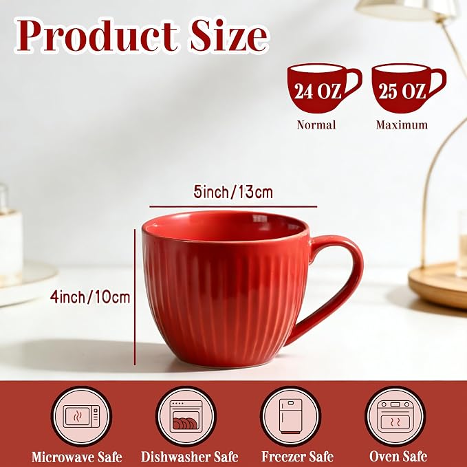 24 oz Large Ceramic Coffee Mug Set of 2, Red & Green Ribbed | Jumbo Mugs with Handle, Giant Soup Cups for Hot Chocolate, Latte, Oatmeal - Ideal Gift for Dad & Grandpa, Large Soup Bowl