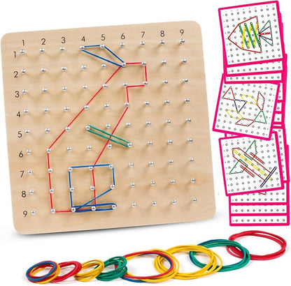 Wooden Geoboard with Pattern Cards & Rubber Bands, Montessori STEM Educational Toy for Kids 3-5 5-8 Years Old, Brain Teaser Puzzle Game for Geometry Learning and Creative Shapes