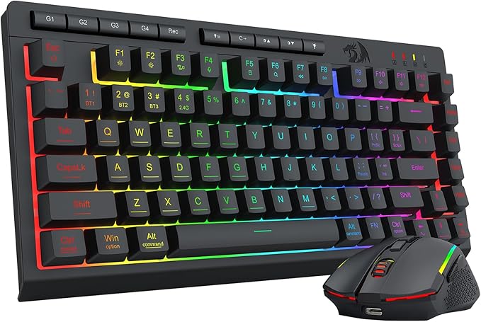 Redragon Wireless Gaming Keyboard and Mouse Combo, 75% Portable, Black | Bluetooth/2.4G/USB-C Wired, RGB Backlit, Quiet Rechargeable Macro Membrane Keyboard & 12800 DPI Mouse for Win/MAC