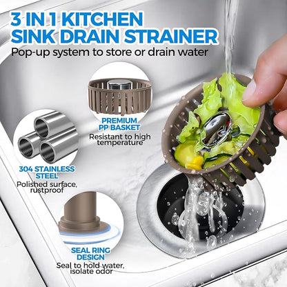 zaa 3 in 1 Kitchen Sink Drain Strainer Stopper Removable Basket Pop-Up | Kitchen Sink Accessories 1 Pack Brown Stainless - Food Catcher, Odor-Blocking Seal, Fits 3.5" Drain, Easy Clean