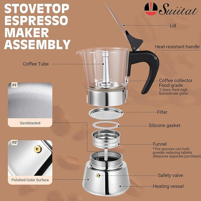 6 Cup 300ml Glass Moka Pot, Stovetop Espresso Maker, Silver | Crystal Glass-top & Stainless Steel Coffee Maker, Induction Compatible, for Greca de Cafe, Cuban and Italian Coffee Brewing