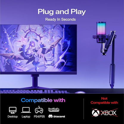 MAONO DGM20S Gaming Microphone for PC with Clear Voice & Noise Reduction | RGB Lighting, Tap-to-mute, Gain Control, Headphone Monitoring and Boom Arm for Discord Gaming, Streaming, Content Creation