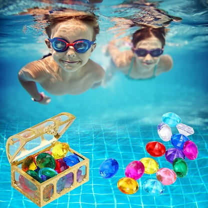 XIJUAN Diving gem Pool Toys Sand Toys,14 Color Diamond Treasure Chest Summer Swimming gems Pirate Diving Toy Set Underwater Swimming toyChildren's Game Gifts for Boys and Girls(Golden)