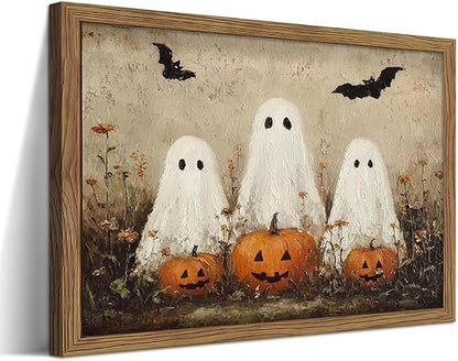 Framed Rustic Halloween Ghost Wall Art - Vintage Farmhouse Ghosts Pumpkins and Bats Canvas Print, Country Cottage Halloween Wall Decor for Living Room Bedroom, 12x16in Wood Frame