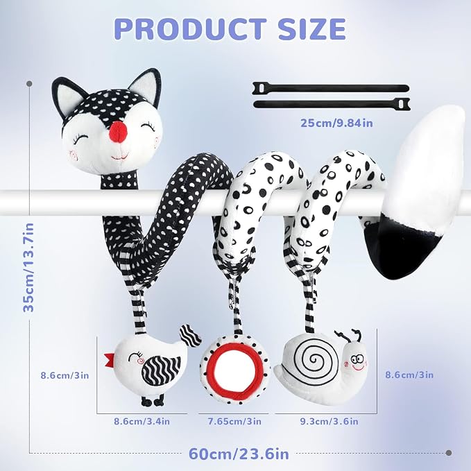 XIXILAND Baby Spiral Plush Toys, Black and White Baby Car Seat Toys, High Contrast Infant Newborn Toy 0-6 Months for Stroller Crib Mobile, Sensory Toy Best Gift for 0 3 6 9 12 Months Boys Girls