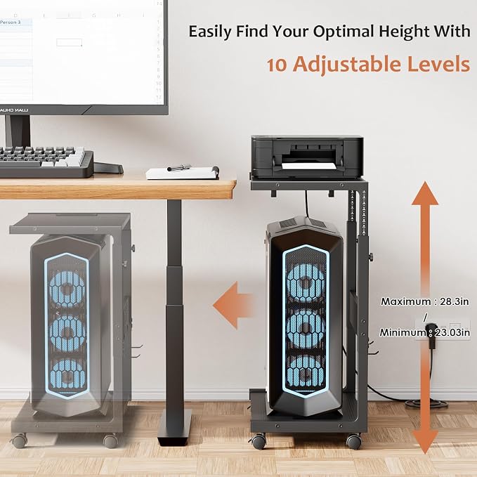 JANE EYRE Computer Tower Stand - Adjustable PC Tower Stand CPU Holder Cart with Charging Station for Office Home Classroom,23.03"-28.3" H, black