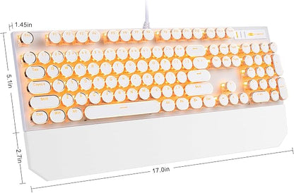 Camiysn Typewriter Style Mechanical Keyboard, Retro Punk Gaming Keyboard with Gold LED Backlit, Cute Wired Keyboards,104 Keys Full Size Keyboards, Uique Round Keycaps for Windows/Mac/PC(White&Gold)