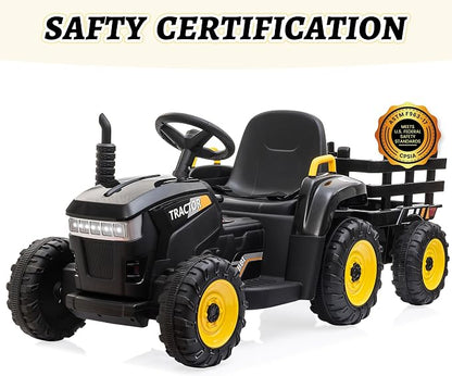 TOBBI Kids Electric Ride On Toy Tractor, Toddlers 12V Battery-Powered Car to Drive, 35W Dual Motor 6-Wheels Trailer Vehicle with 3-Speeds/LED & Horn Functions for Chirdren Aged 3-8-Black