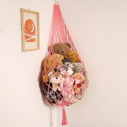 Amdermi Stuffed Animal Net or Hammock Corner Hanging Net for Stuffy Animal Storage Macrame Toy Display Plush Toy Holder Wall Pet Net for Nursery Kid Bedroom Decor Playroom Organizer (Pink XL)