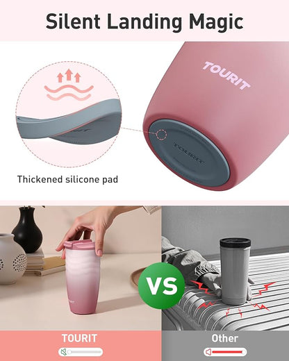 TOURIT 16 oz Travel Coffee Mug, Vacuum Insulated Stainless Steel Tumbler with Ripple-Wave Anti-Slip Grip, Built-in Silicone Bottom for Quiet & Stable, Leak-Proof Lid, Fits Car Cup Holder, Rose