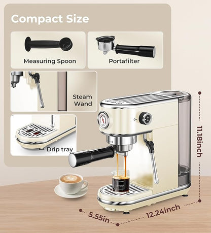 atatix 20 Bar Espresso Machine with Milk Frother, Compact Espresso Maker | Stainless Steel Coffee Machine with Precise Temp Control & 44oz Removable Water Tank for Latte, Cappuccino, Creamy White