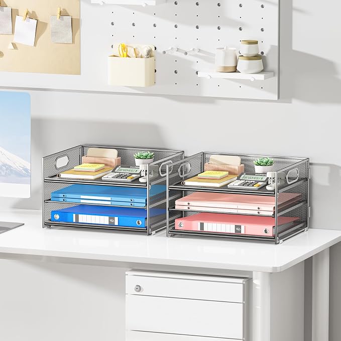 Subekyu 2-Pack 3-Tier Silver Metal Mesh Desk Paper Letter Tray & File Sorter Organizer with Handle + 1 Sliding Tray for Desk, Home, Office, School Supplies, A4 Paper and Accessories Storage