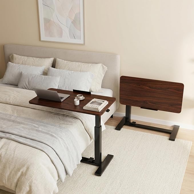 Overbed Table Adjustable Bedside Desk with Wheels Brown | Pneumatic Lift Design Offers Easy Height Adjustment for Bed and Sofa Use