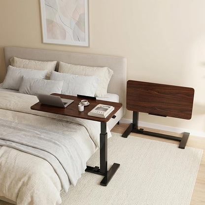 Overbed Table Adjustable Bedside Desk with Wheels Brown | Pneumatic Lift Design Offers Easy Height Adjustment for Bed and Sofa Use