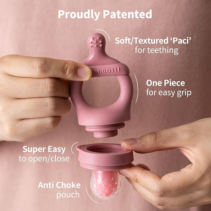 SAMiGO Baby Food Fruit Feeder and Breastmilk Popsicle Mold Set, Silicone Fruit Teether, Food Feeder Pacifier for Teething Relief, Freezer Tray, Baby Feeding Essentials, 4 Months+