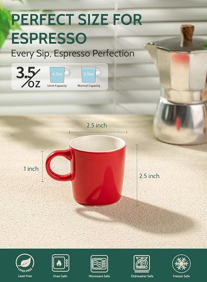 Sweese 3.5oz Porcelain Espresso Cups Set of 4, Mini Coffee Mugs Demitasse Cups - Red