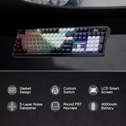 Redragon K762 PRO Wireless 104-Key Gasket Gaming Keyboard, Screen & Knob | Easy-Control LED Info Display, 0-Delay Tri-Mode, Cushioned 5-Layer Noise Dampening for Creamy Thocky Sound, Full-Size 104-Key