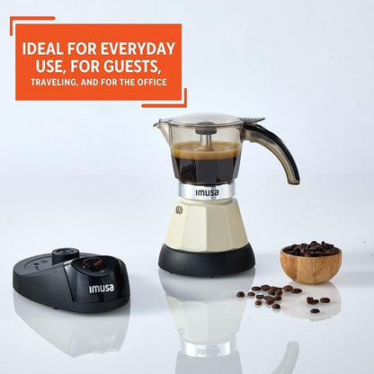 IMUSA 3 or 2 Cup Electric Espresso Maker with Cool-touch Handle, Almond | Bare Aluminum Finish, Keep Warm Function and Detachable Base, Ideal for Cuban and Italian Drinks, Perfect for Home Baristas