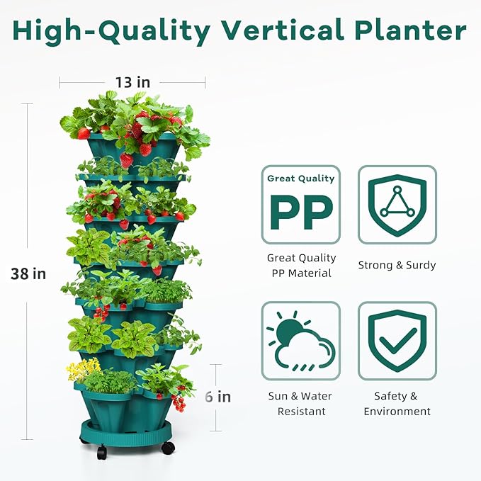 Strawberry Vertical Planters Tower Garden, 7 Tiered Stacking Herb Vegetable Planter with Support Pole Indoor and Outdoor - Hunter Green