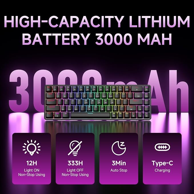 DIERYA DK68 60% Wireless Mechanical Gaming Keyboard, 3-Mode, Bluetooth 5.0/2.4G/USB-C, RGB Backlit, 68-Key Compact Mini for Windows, Mac, Linux - Linear Red Switch - Black