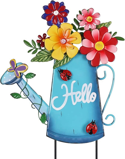 hogardeck Garden Decor for Outside, Metal Watering Can Decorative Garden Stakes with Flowers, Yard Art Welcome Spring Signs for Outdoor Lawn Backyard Porch Patio Garden Decorations