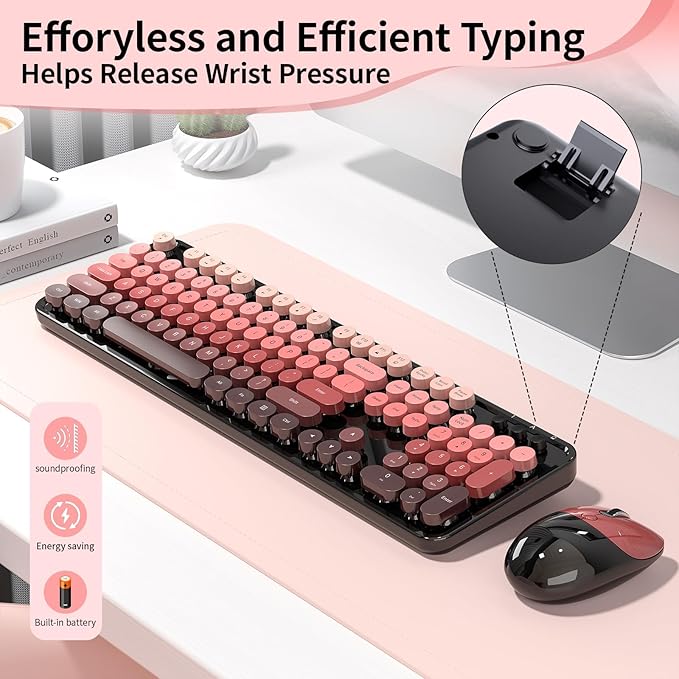 Wireless Keyboard and Mouse, 104 Round Keycaps Retro Typewriter with OTG & Brush, Full-Size Ergonomic, Ideal for Windows PC, Home, Office and College Black Pink