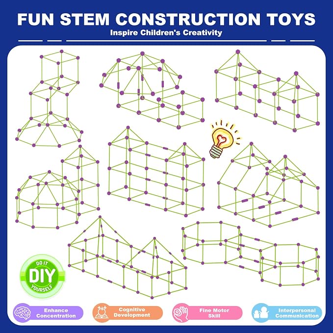 Glow in The Dark Fort Building Kit for Kids, 140 Pcs STEM Construction Toys for DIY Castles Tunnels Play Tent, Ultimate Creative Set, Christmas Birthday Gifts for 4-12 Years Old Boys and Girls