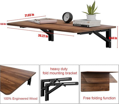 IAE 36x22in Floating Fold Desk,Wall-Mounted Folding Computer Table,Walnut | Study Table with Shelf Brackets,Foldable Down Shelf with Engineered Wood,Fold Computer Desk for Small Apartment,Holds 503 lb