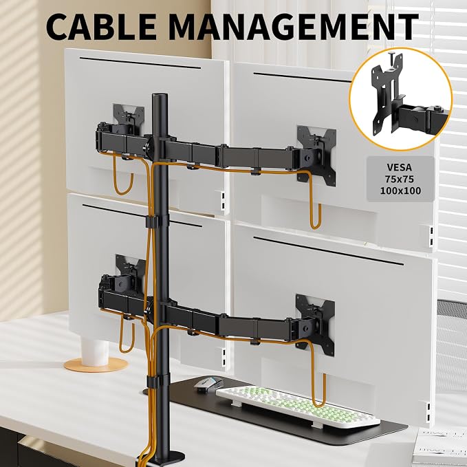 Black Quad Monitor Arm Mount for 13-27 Inch Screens | Ultrawide Screens Up to 34 inch Fully Adjustable Stand with C-Clamp/Grommet Base Max VESA 100x100 Each Screen Capacity 22lbs