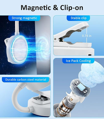 Magnetic Phone Fan with Ice Cooling, 3-in-1 Clip on Fan & Phone Stand, Rechargeable Mini Handheld Fan, 360° Flexible Gooseneck Portable Fan for Cruise Travel Desk Gym Makeup（White）