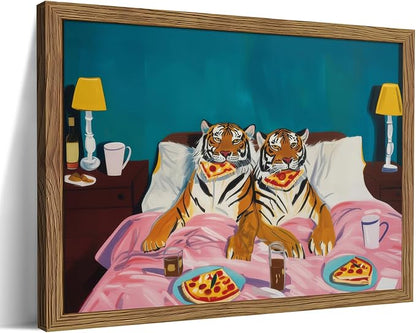 Framed Tiger Pizza Wall Art, Dopamine Wall Decor Canvas Print, Vintage Fun Tiger Eating Pizza in Bed Poster, Abstract Animal Picture Painting Art for Bedroom Living Room Home Decor 16x24 inch