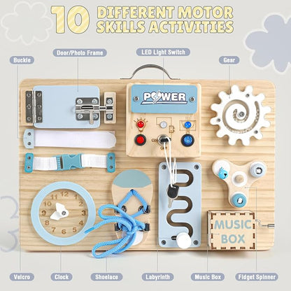 Joyreal Wooden Busy Board for Toddlers, 10-in-1 Montessori Sensory Toys with Music Box, Activity Learning Board with Door Hidden Mirror, Educational Travel Toy for 1 2 3 Year Old Boys Girls