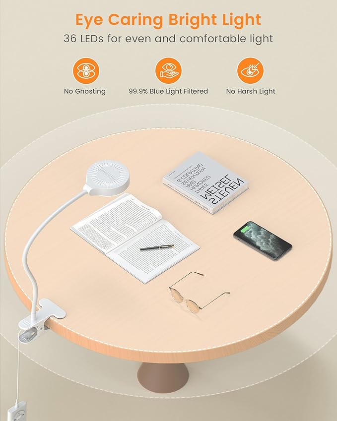 Glocusent 5W Clip on Light, 3 Colors & 5 Brightness Reading Light for Bed | Flexible Gooseneck Clip on Lamp, 30-Min Timer, Reading Lamp, Perfect Desk Lamp for Dorm,Bunk,Bed,Headboard,Table,Work,Craft