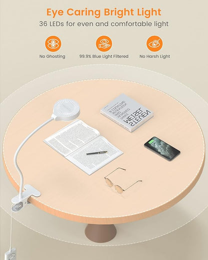 Glocusent 5W Clip on Light, 3 Colors & 5 Brightness Reading Light for Bed | Flexible Gooseneck Clip on Lamp, 30-Min Timer, Reading Lamp, Perfect Desk Lamp for Dorm,Bunk,Bed,Headboard,Table,Work,Craft