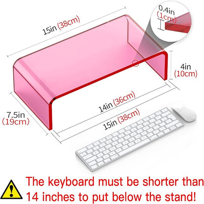 Acrylic Monitor Stand Riser Pink Laptop Stand Riser L15 xW7.5 xH4 | PC Holder,Compatible with All Notebooks and Monitor, Decoration for Office & Home,Pink Aesthetic Design,Office Supplies