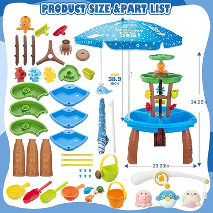 Water Table for Toddlers with Water Pump and Fishing Game Set 3-Tier Kids Sand Water Table with Umbrella Sensory Outdoor Toys for Kids Ages 4-8 Outside Toys Backyard for Kids Toddlers Age 3-10