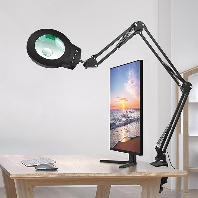 Magnifying Glass Light Stand 10X 5X Swing Arm Desktop Lamp Desk Table Close Work Up for Crafting, Reading, Sewing, Model Assembly, Soldering, Ultra Long 3-Section Design for Large Workbench (Black)