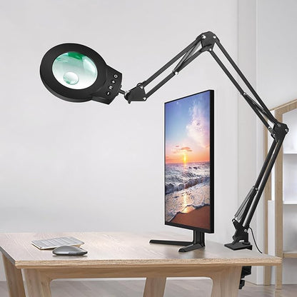 Magnifying Glass Light Stand 10X 5X Swing Arm Desktop Lamp Desk Table Close Work Up for Crafting, Reading, Sewing, Model Assembly, Soldering, Ultra Long 3-Section Design for Large Workbench (Black)